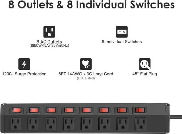 Alt view image 6 of 7 - 8 Outlet Heavy Duty Power Strip with 8 Individual Switches,Moutable Metal Power Strip Surge Protector 1200 Joules,6FT 14AWG Extension Cord,15A 1800W 125V 60Hz