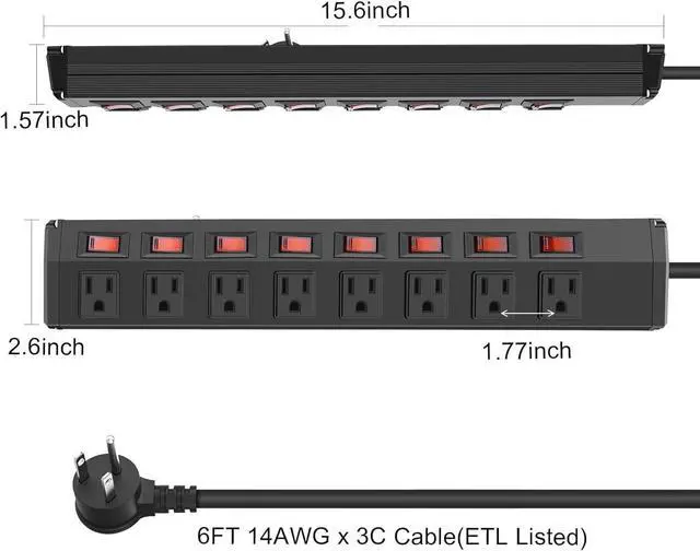 Alt view image 7 of 7 - 8 Outlet Heavy Duty Power Strip with 8 Individual Switches,Moutable Metal Power Strip Surge Protector 1200 Joules,6FT 14AWG Extension Cord,15A 1800W 125V 60Hz