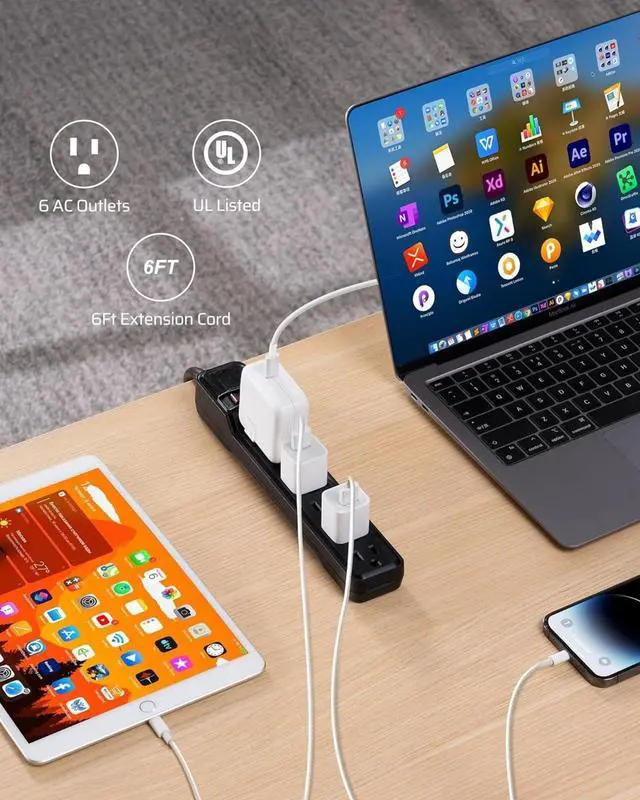 Alt view image 2 of 7 - for2-Pack 6-Outlet Power Strip Surge Protector, 6Ft Long Extension Cord, UL Listed, Low Profile Flat Plug, 15 Amp Circuit Breaker, 500 Joules, Wall Mount, Black