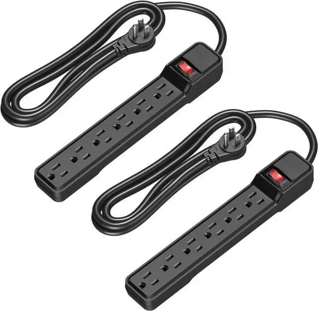 Main image of for2-Pack 6-Outlet Power Strip Surge Protector, 6Ft Long Extension Cord, UL Listed, Low Profile Flat Plug, 15 Amp Circuit Breaker, 500 Joules, Wall Mount, Black