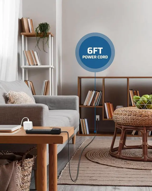 Alt view image 3 of 7 - for2-Pack 6-Outlet Power Strip Surge Protector, 6Ft Long Extension Cord, UL Listed, Low Profile Flat Plug, 15 Amp Circuit Breaker, 500 Joules, Wall Mount, Black