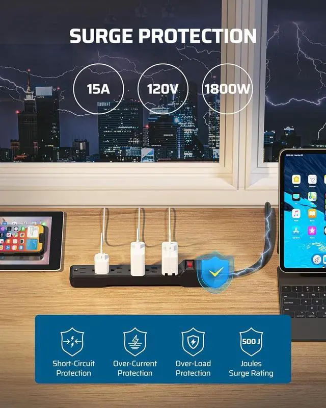 Alt view image 4 of 7 - for2-Pack 6-Outlet Power Strip Surge Protector, 6Ft Long Extension Cord, UL Listed, Low Profile Flat Plug, 15 Amp Circuit Breaker, 500 Joules, Wall Mount, Black