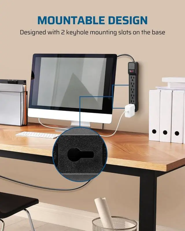 Alt view image 6 of 7 - for2-Pack 6-Outlet Power Strip Surge Protector, 6Ft Long Extension Cord, UL Listed, Low Profile Flat Plug, 15 Amp Circuit Breaker, 500 Joules, Wall Mount, Black