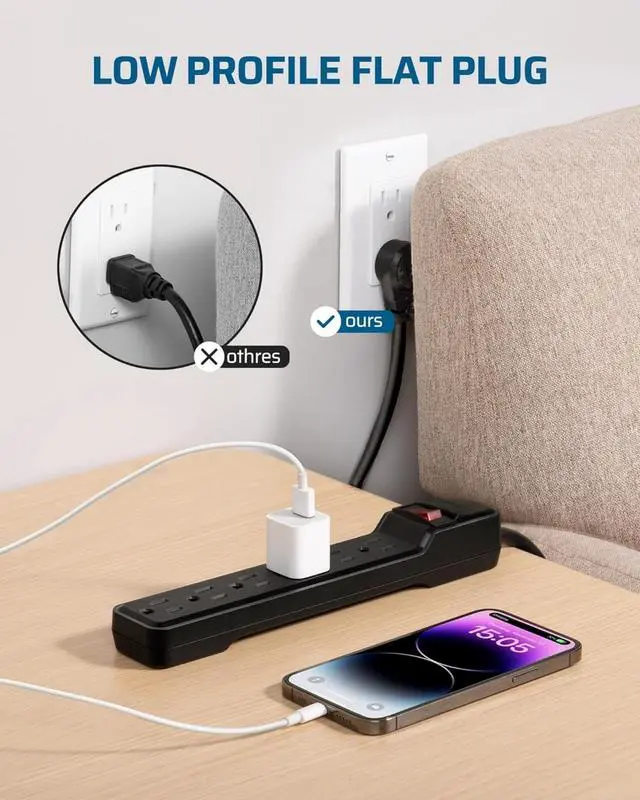 Alt view image 5 of 7 - for2-Pack 6-Outlet Power Strip Surge Protector, 6Ft Long Extension Cord, UL Listed, Low Profile Flat Plug, 15 Amp Circuit Breaker, 500 Joules, Wall Mount, Black