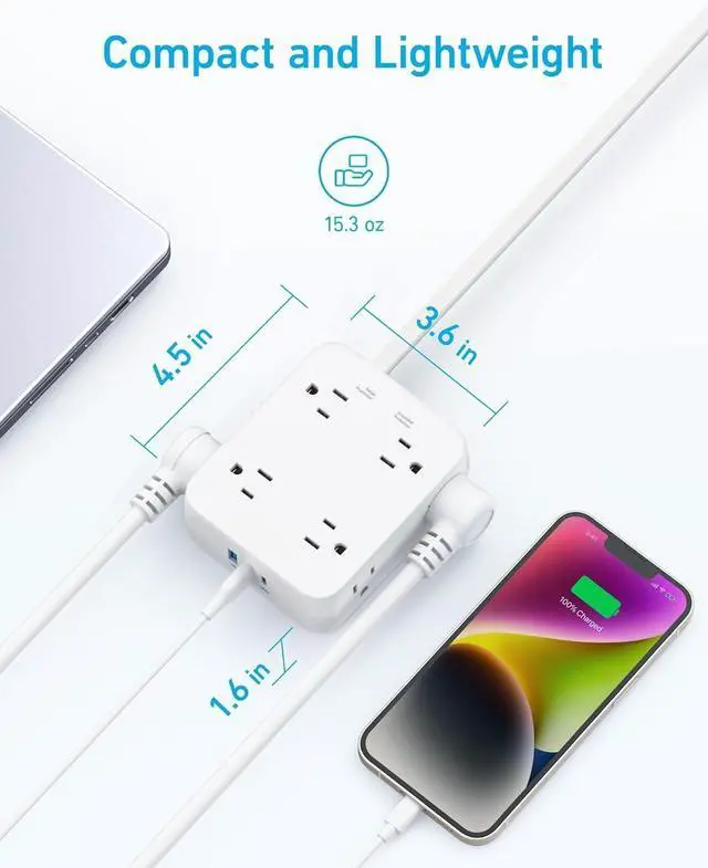 Alt view image 5 of 7 - Surge Protector Flat Plug Power Strip 2000J, 5ft Thin Extension Cord, 8 Outlets,2 USB A and 1 USB C Port,20W for iPhone15,Wall Mount,Compact for Home,Office,Room,TUV Listed