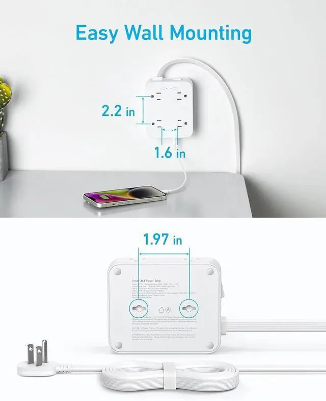 Alt view image 6 of 7 - Surge Protector Flat Plug Power Strip 2000J, 5ft Thin Extension Cord, 8 Outlets,2 USB A and 1 USB C Port,20W for iPhone15,Wall Mount,Compact for Home,Office,Room,TUV Listed