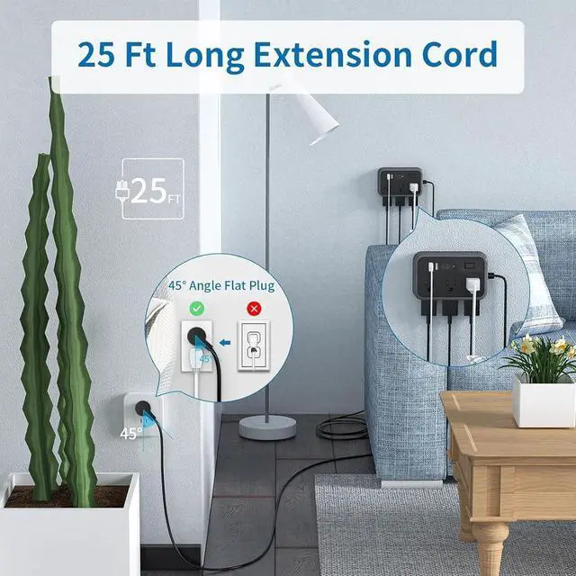 Alt view image 2 of 7 - Extension Cord 25 Ft Long Extension Cord with 6 Widely Spaced Outlet, Surge Protector Power Strip with 4 USB Port(2 USB-C), Wall Mount for Home Office, Dorm Room and Nightstand, Black