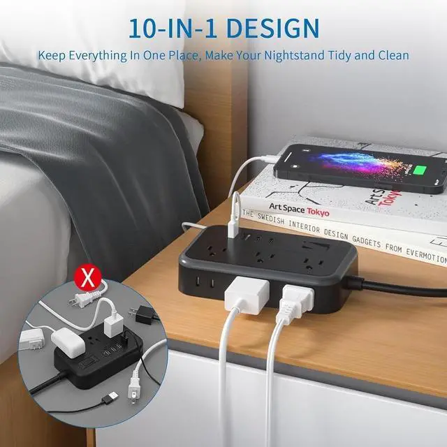 Alt view image 3 of 7 - Extension Cord 25 Ft Long Extension Cord with 6 Widely Spaced Outlet, Surge Protector Power Strip with 4 USB Port(2 USB-C), Wall Mount for Home Office, Dorm Room and Nightstand, Black
