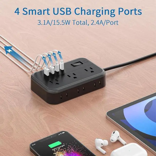 Alt view image 5 of 7 - Extension Cord 25 Ft Long Extension Cord with 6 Widely Spaced Outlet, Surge Protector Power Strip with 4 USB Port(2 USB-C), Wall Mount for Home Office, Dorm Room and Nightstand, Black