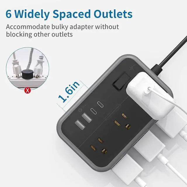 Alt view image 6 of 7 - Extension Cord 25 Ft Long Extension Cord with 6 Widely Spaced Outlet, Surge Protector Power Strip with 4 USB Port(2 USB-C), Wall Mount for Home Office, Dorm Room and Nightstand, Black