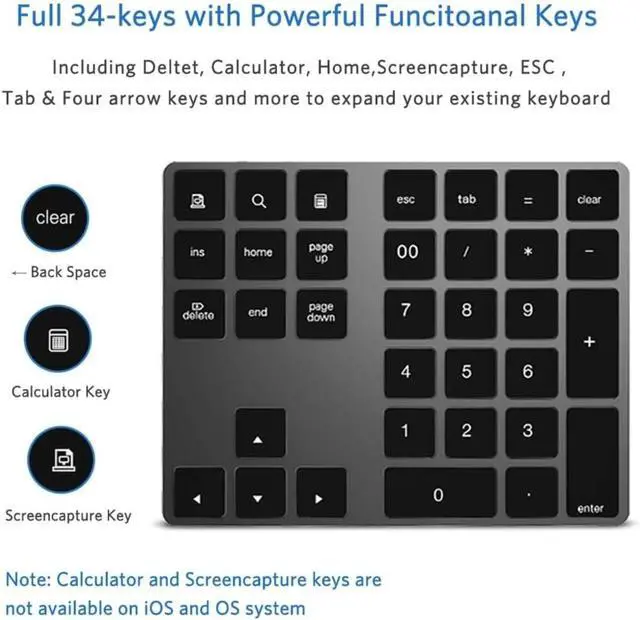 Alt view image 3 of 7 - Bluetooth Number Pad, Wireless Numeric Keypad, USB-C Rechargeable External 34-Keys Numpad, Financial Data Entry Keyboard for iMac, MacBook Air/Pro, PC Desktop, Laptop Notebook