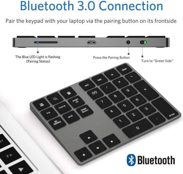Alt view image 4 of 7 - Bluetooth Number Pad, Wireless Numeric Keypad, USB-C Rechargeable External 34-Keys Numpad, Financial Data Entry Keyboard for iMac, MacBook Air/Pro, PC Desktop, Laptop Notebook