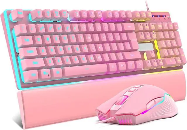 Main image of FOR-Wired Gaming Keyboard and Mouse and Wrist Rest Combo, RGB Backlit, Mechanical Feel Anti-ghosting Keyboard + 7D 7200 DPI Mice+Soft Leather Wrist Rest 3 in 1 PC Gamer Accessories(Pink)