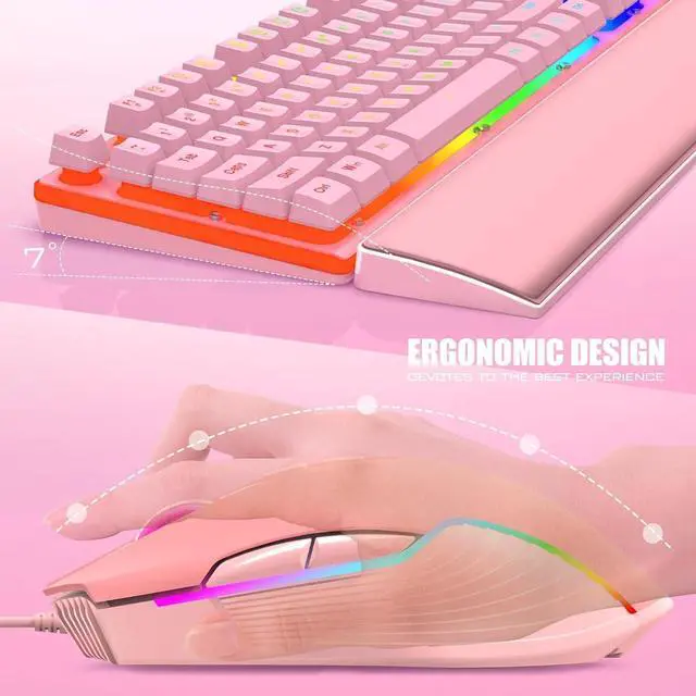 Alt view image 5 of 7 - FOR-Wired Gaming Keyboard and Mouse and Wrist Rest Combo, RGB Backlit, Mechanical Feel Anti-ghosting Keyboard + 7D 7200 DPI Mice+Soft Leather Wrist Rest 3 in 1 PC Gamer Accessories(Pink)