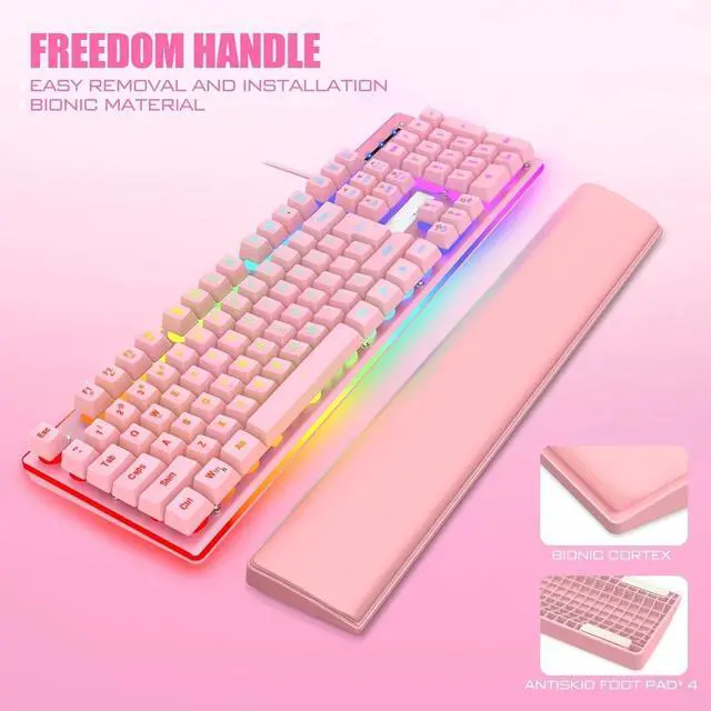 Alt view image 4 of 7 - FOR-Wired Gaming Keyboard and Mouse and Wrist Rest Combo, RGB Backlit, Mechanical Feel Anti-ghosting Keyboard + 7D 7200 DPI Mice+Soft Leather Wrist Rest 3 in 1 PC Gamer Accessories(Pink)