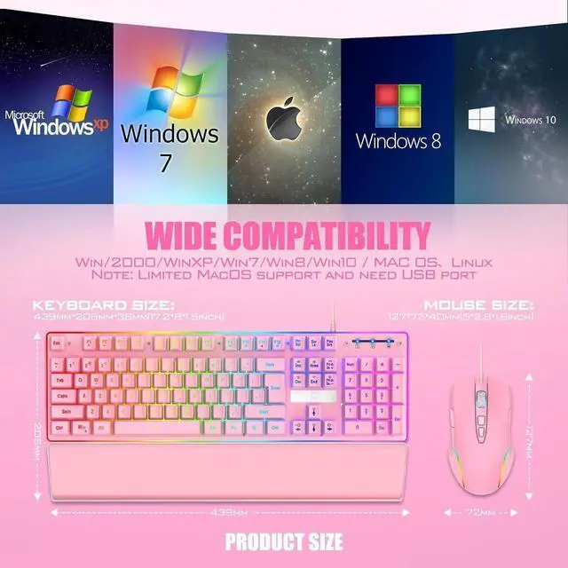 Alt view image 7 of 7 - FOR-Wired Gaming Keyboard and Mouse and Wrist Rest Combo, RGB Backlit, Mechanical Feel Anti-ghosting Keyboard + 7D 7200 DPI Mice+Soft Leather Wrist Rest 3 in 1 PC Gamer Accessories(Pink)