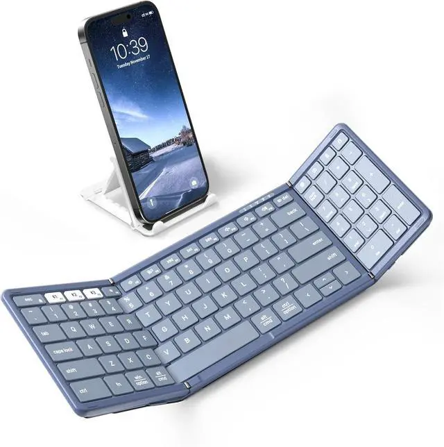 Main image of Foldable Bluetooth Keyboard with Numeric Keypad, Full-Size Wireless Folding PU Leather, Portable Travel for iOS Android Windows Mac OS, Support 3 Device(BT5.1 x 3) Blue