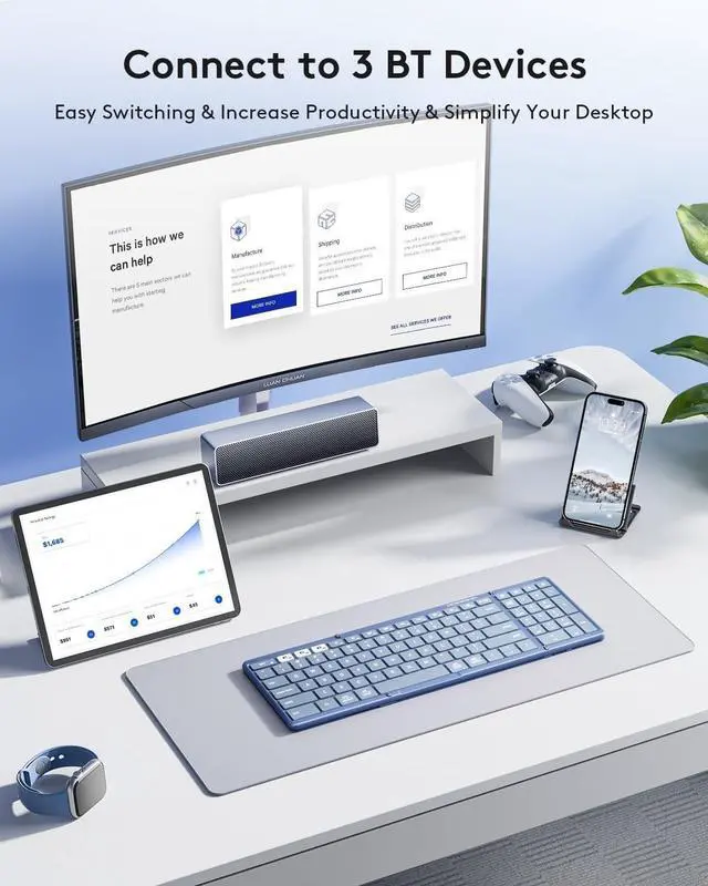 Alt view image 2 of 7 - Foldable Bluetooth Keyboard with Numeric Keypad, Full-Size Wireless Folding PU Leather, Portable Travel for iOS Android Windows Mac OS, Support 3 Device(BT5.1 x 3) Blue