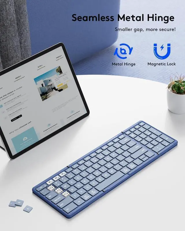 Alt view image 4 of 7 - Foldable Bluetooth Keyboard with Numeric Keypad, Full-Size Wireless Folding PU Leather, Portable Travel for iOS Android Windows Mac OS, Support 3 Device(BT5.1 x 3) Blue