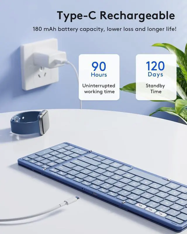 Alt view image 5 of 7 - Foldable Bluetooth Keyboard with Numeric Keypad, Full-Size Wireless Folding PU Leather, Portable Travel for iOS Android Windows Mac OS, Support 3 Device(BT5.1 x 3) Blue