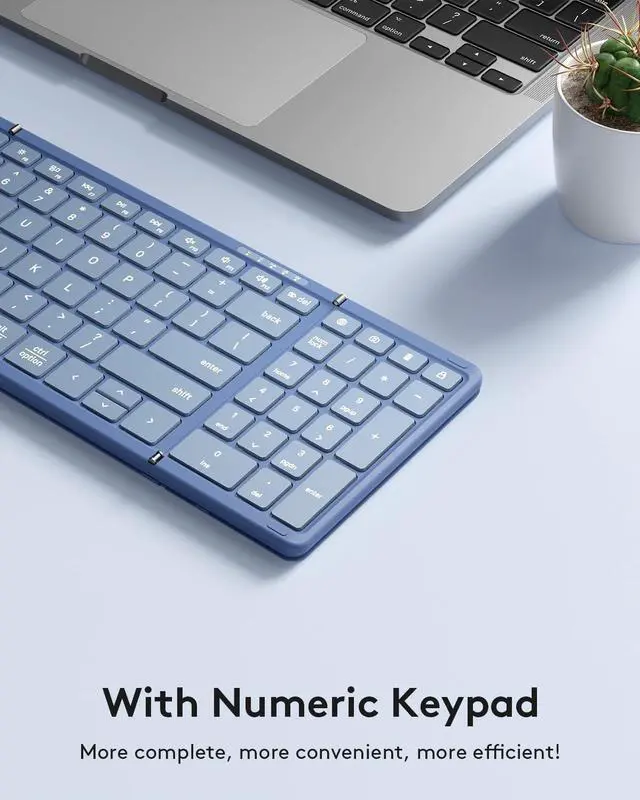 Alt view image 6 of 7 - Foldable Bluetooth Keyboard with Numeric Keypad, Full-Size Wireless Folding PU Leather, Portable Travel for iOS Android Windows Mac OS, Support 3 Device(BT5.1 x 3) Blue