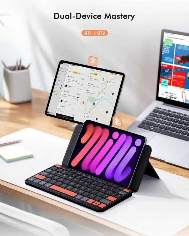 Alt view image 4 of 7 - Universal Travel Keyboard Plus, New Dual Bluetooth Portable Keypad with 7-Color Backlit & Any-Angle Stand, Wireless Tablet Keyboard for iPad/Z Fold/Galaxy Tabs/Phones, Keypad for iOS/Android/Windows