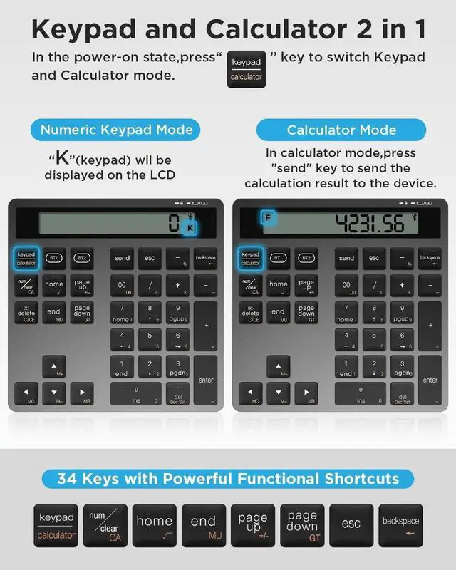 Alt view image 3 of 7 - Number Pad for Laptop - Rechargeable Wireless Number Keypad 34 Keys with Dual Bluetooth, 2 in 1 Numeric Keypad Calculator with Display - Portable Slim Numpad for Windows, Mac, iMac, PC, Tablet