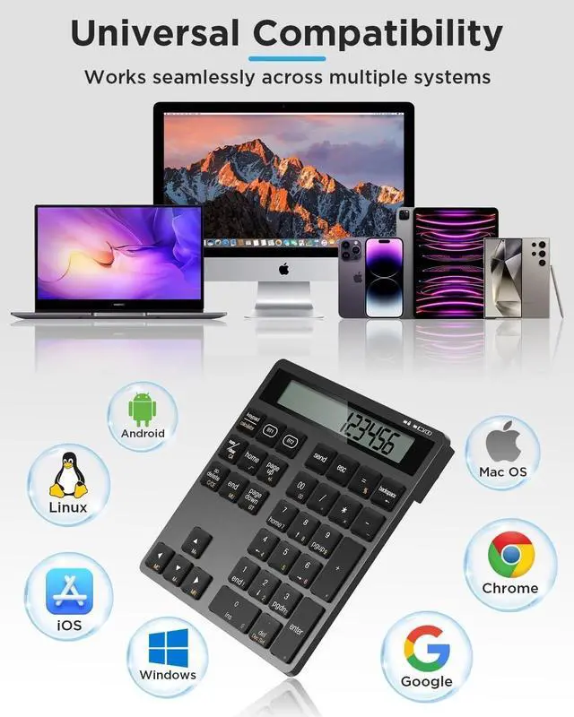 Alt view image 4 of 7 - Number Pad for Laptop - Rechargeable Wireless Number Keypad 34 Keys with Dual Bluetooth, 2 in 1 Numeric Keypad Calculator with Display - Portable Slim Numpad for Windows, Mac, iMac, PC, Tablet