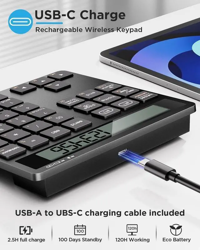 Alt view image 2 of 7 - Number Pad for Laptop - Rechargeable Wireless Number Keypad 34 Keys with Dual Bluetooth, 2 in 1 Numeric Keypad Calculator with Display - Portable Slim Numpad for Windows, Mac, iMac, PC, Tablet