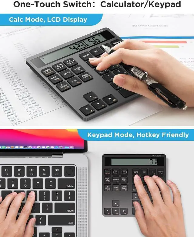 Alt view image 7 of 7 - Number Pad for Laptop - Rechargeable Wireless Number Keypad 34 Keys with Dual Bluetooth, 2 in 1 Numeric Keypad Calculator with Display - Portable Slim Numpad for Windows, Mac, iMac, PC, Tablet