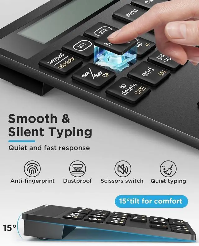 Alt view image 5 of 7 - Number Pad for Laptop - Rechargeable Wireless Number Keypad 34 Keys with Dual Bluetooth, 2 in 1 Numeric Keypad Calculator with Display - Portable Slim Numpad for Windows, Mac, iMac, PC, Tablet