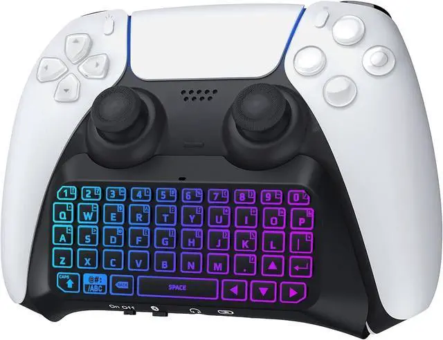 Main image of RGB Backlight Keyboard for PS5 Controller, Wireless Bluetooth Keypad Chatpad for PlayStation 5 Controller, Mini PS5 Multi-Color Game Keyboard Built-in 3.5mm Audio Jack, Black