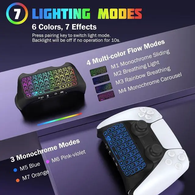 Alt view image 3 of 7 - RGB Backlight Keyboard for PS5 Controller, Wireless Bluetooth Keypad Chatpad for PlayStation 5 Controller, Mini PS5 Multi-Color Game Keyboard Built-in 3.5mm Audio Jack, Black