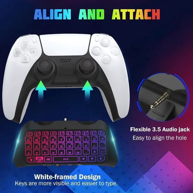 Alt view image 4 of 7 - RGB Backlight Keyboard for PS5 Controller, Wireless Bluetooth Keypad Chatpad for PlayStation 5 Controller, Mini PS5 Multi-Color Game Keyboard Built-in 3.5mm Audio Jack, Black