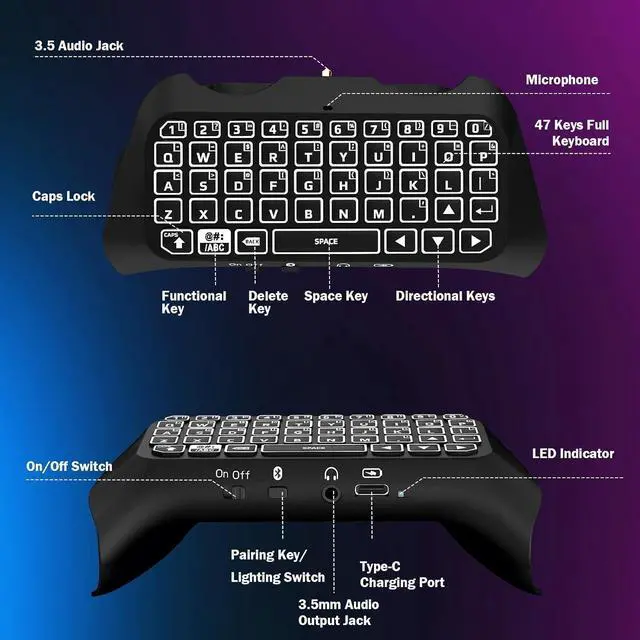 Alt view image 5 of 7 - RGB Backlight Keyboard for PS5 Controller, Wireless Bluetooth Keypad Chatpad for PlayStation 5 Controller, Mini PS5 Multi-Color Game Keyboard Built-in 3.5mm Audio Jack, Black