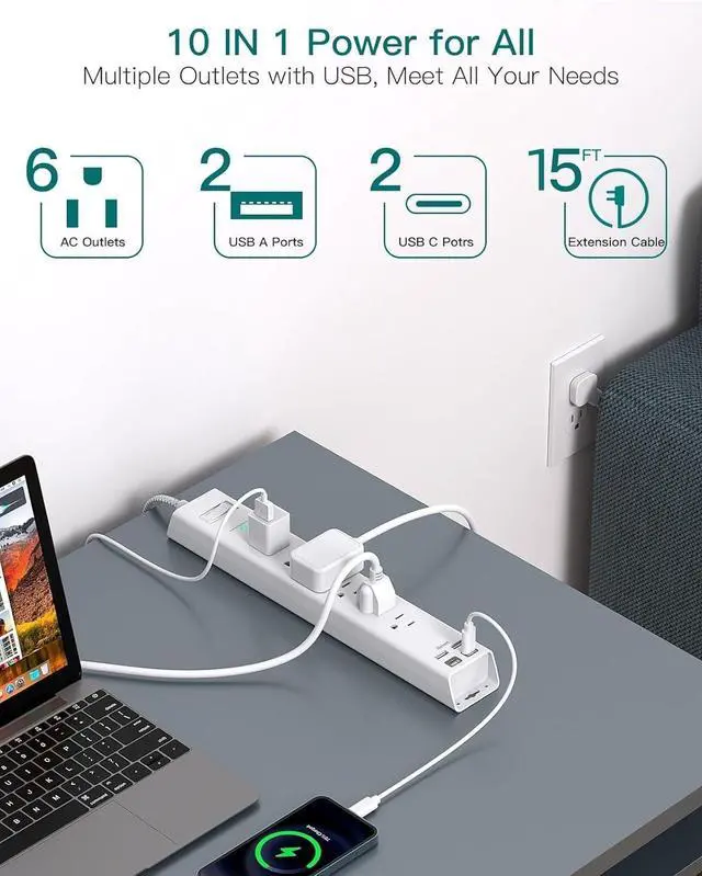 Alt view image 3 of 7 - for 15FT Power Strip Surge Protector, Extension Cord with Multiple Outlets, 6 AC Outlet 4 USB (2 USB C), Flat Plug, Wall Mount, Multi Plug Outlet Extender for Home Office Dorm Room Essentials