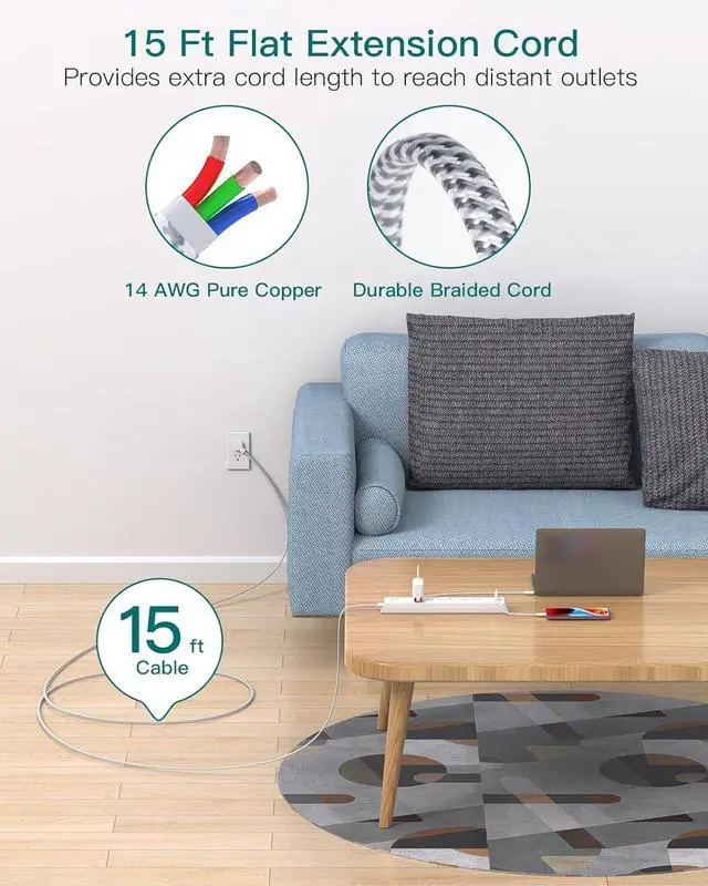 Alt view image 2 of 7 - for 15FT Power Strip Surge Protector, Extension Cord with Multiple Outlets, 6 AC Outlet 4 USB (2 USB C), Flat Plug, Wall Mount, Multi Plug Outlet Extender for Home Office Dorm Room Essentials