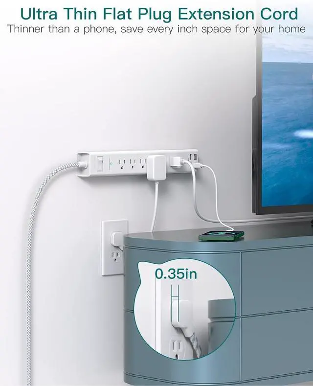 Alt view image 4 of 7 - for 15FT Power Strip Surge Protector, Extension Cord with Multiple Outlets, 6 AC Outlet 4 USB (2 USB C), Flat Plug, Wall Mount, Multi Plug Outlet Extender for Home Office Dorm Room Essentials