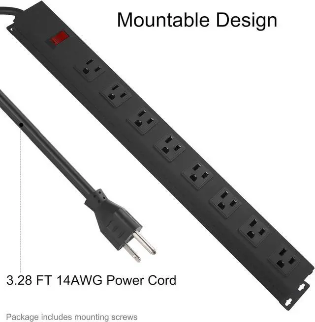 Alt view image 5 of 7 - for  Metal 8 Outlet Mountable Power Strip, Wall Mount Outlet Heavy Duty, Wide Spaced Commercial Shop Power Strip with Switch, 15A 125V 1875W, 6 FT SJT 14AWG Power Cord.(Black)