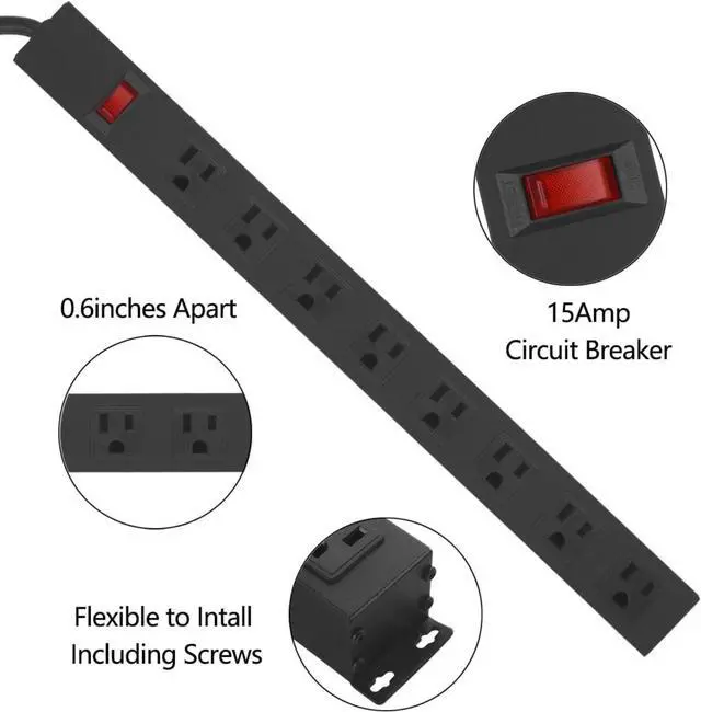 Alt view image 3 of 7 - for  Metal 8 Outlet Mountable Power Strip, Wall Mount Outlet Heavy Duty, Wide Spaced Commercial Shop Power Strip with Switch, 15A 125V 1875W, 6 FT SJT 14AWG Power Cord.(Black)