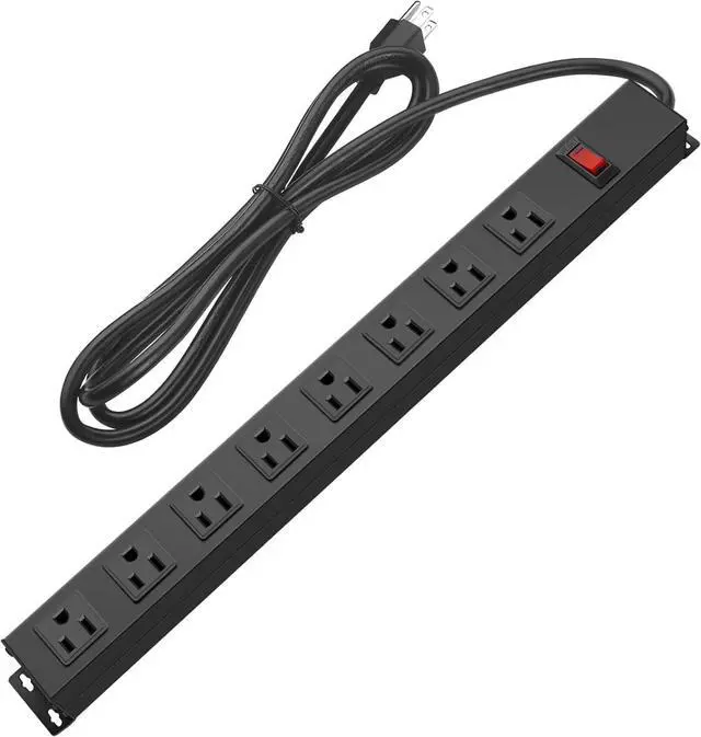 Main image of for  Metal 8 Outlet Mountable Power Strip, Wall Mount Outlet Heavy Duty, Wide Spaced Commercial Shop Power Strip with Switch, 15A 125V 1875W, 6 FT SJT 14AWG Power Cord.(Black)