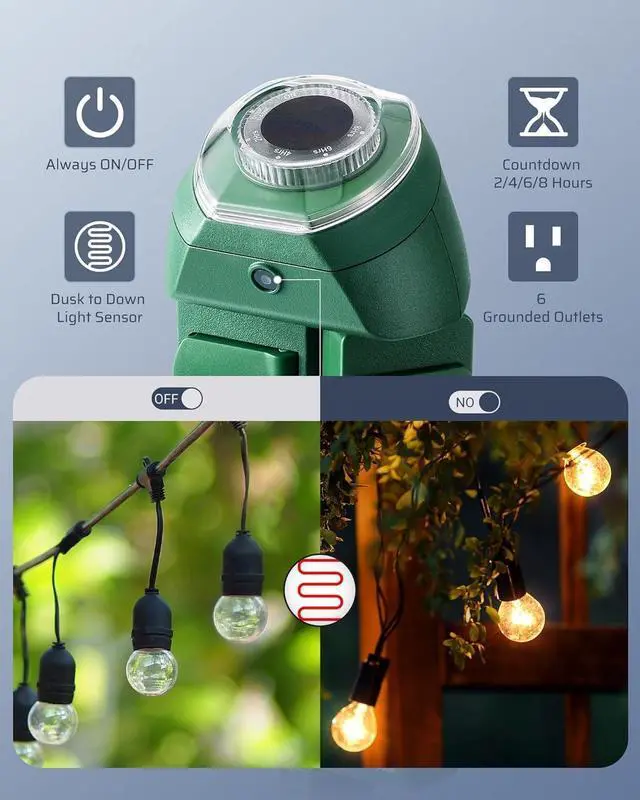 Alt view image 2 of 7 - Outdoor Power Strip Timer with Photocell, Weatherproof Countdown Light Control, 6 Outlets 10ft Cord Dusk to Dawn Outdoor Timer for Halloween/Christmas Lights, Yard, 1875W/15A UL Listed