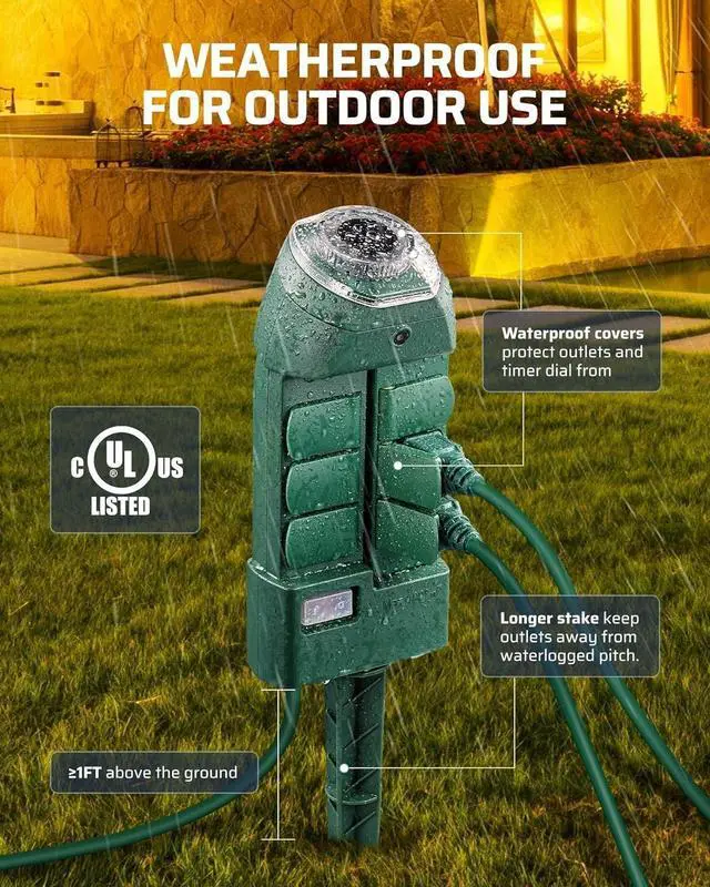 Alt view image 5 of 7 - Outdoor Power Strip Timer with Photocell, Weatherproof Countdown Light Control, 6 Outlets 10ft Cord Dusk to Dawn Outdoor Timer for Halloween/Christmas Lights, Yard, 1875W/15A UL Listed