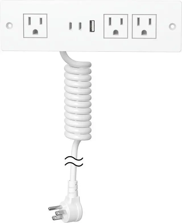 Main image of Furniture Drawer Outlet, Recessed Power Strip with (3) PD 20W USB Ports Fast Charging & (3) 15 Amp AC Outlets, (14 AWG) 5 FT White Spring Cord