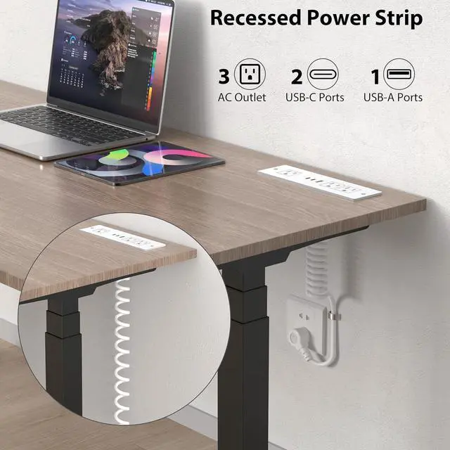Alt view image 2 of 7 - Furniture Drawer Outlet, Recessed Power Strip with (3) PD 20W USB Ports Fast Charging & (3) 15 Amp AC Outlets, (14 AWG) 5 FT White Spring Cord