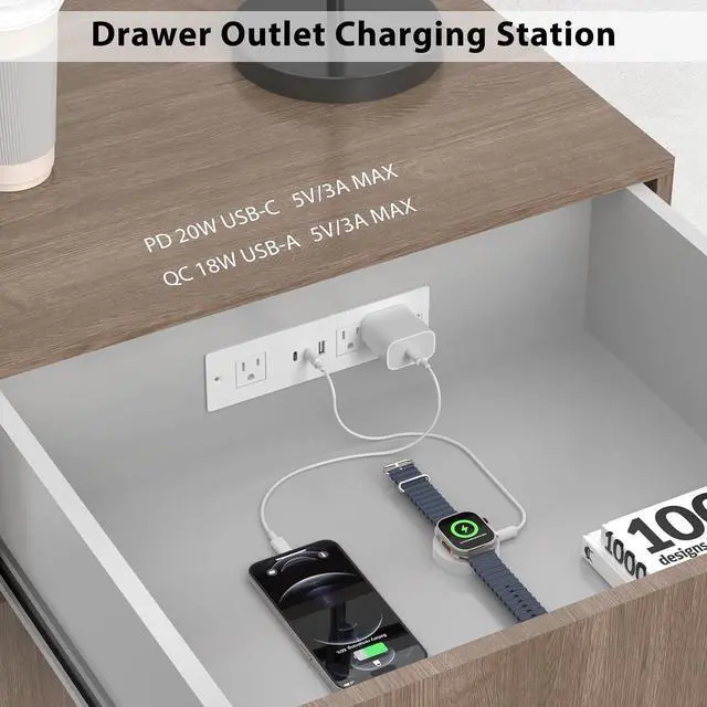 Alt view image 3 of 7 - Furniture Drawer Outlet, Recessed Power Strip with (3) PD 20W USB Ports Fast Charging & (3) 15 Amp AC Outlets, (14 AWG) 5 FT White Spring Cord