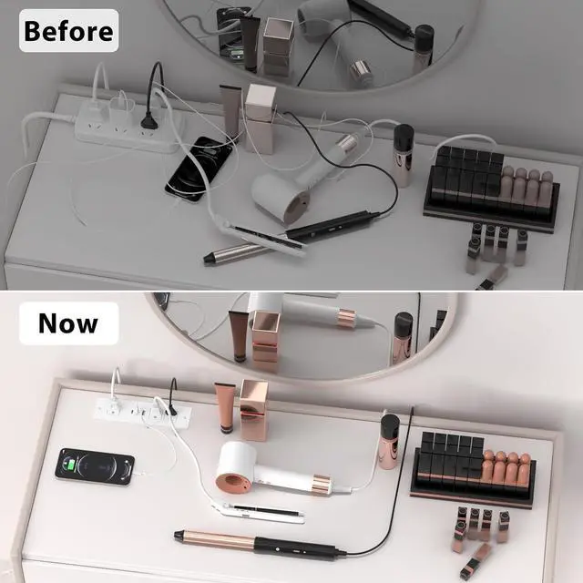 Alt view image 5 of 7 - Furniture Drawer Outlet, Recessed Power Strip with (3) PD 20W USB Ports Fast Charging & (3) 15 Amp AC Outlets, (14 AWG) 5 FT White Spring Cord