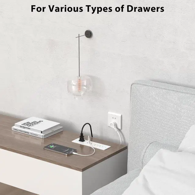 Alt view image 6 of 7 - Furniture Drawer Outlet, Recessed Power Strip with (3) PD 20W USB Ports Fast Charging & (3) 15 Amp AC Outlets, (14 AWG) 5 FT White Spring Cord