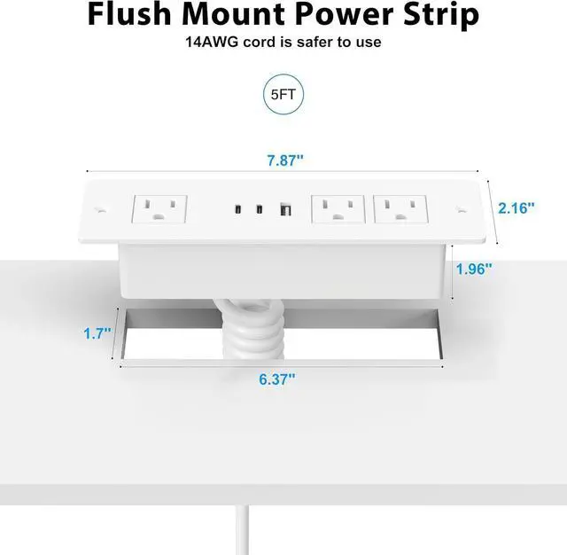Alt view image 7 of 7 - Furniture Drawer Outlet, Recessed Power Strip with (3) PD 20W USB Ports Fast Charging & (3) 15 Amp AC Outlets, (14 AWG) 5 FT White Spring Cord