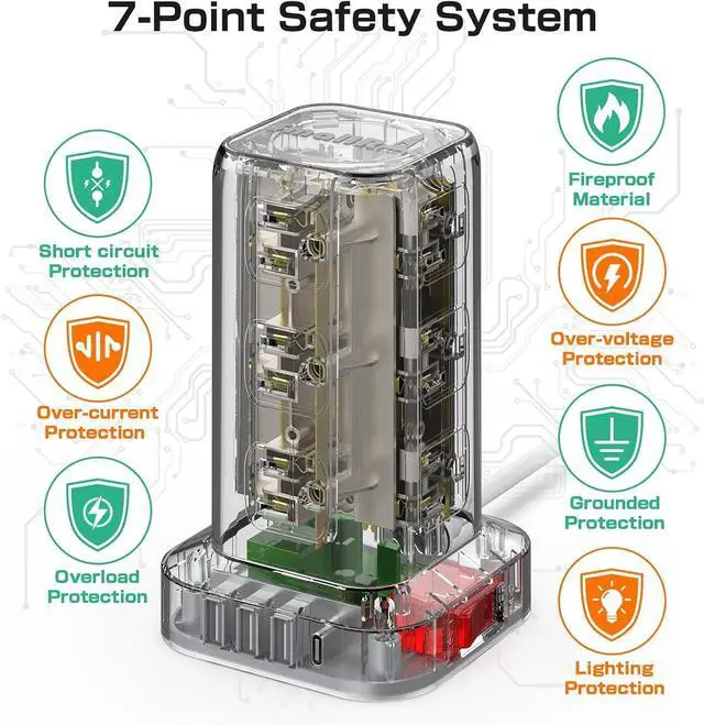 Alt view image 4 of 7 - Tower Surge Protector Power Strip with 12 Outlets 4 USB (1 USB C), 6.5Feet Extension Cord with Multiple Outlets, Charging Station, Power Strip Tower, Office Desk Supplies
